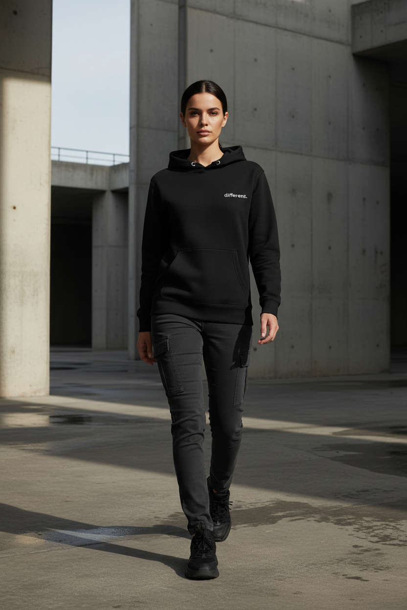 black hoodie outfit different speed different level streetwear aesthetic for overthinking lifestyle and outsider identity