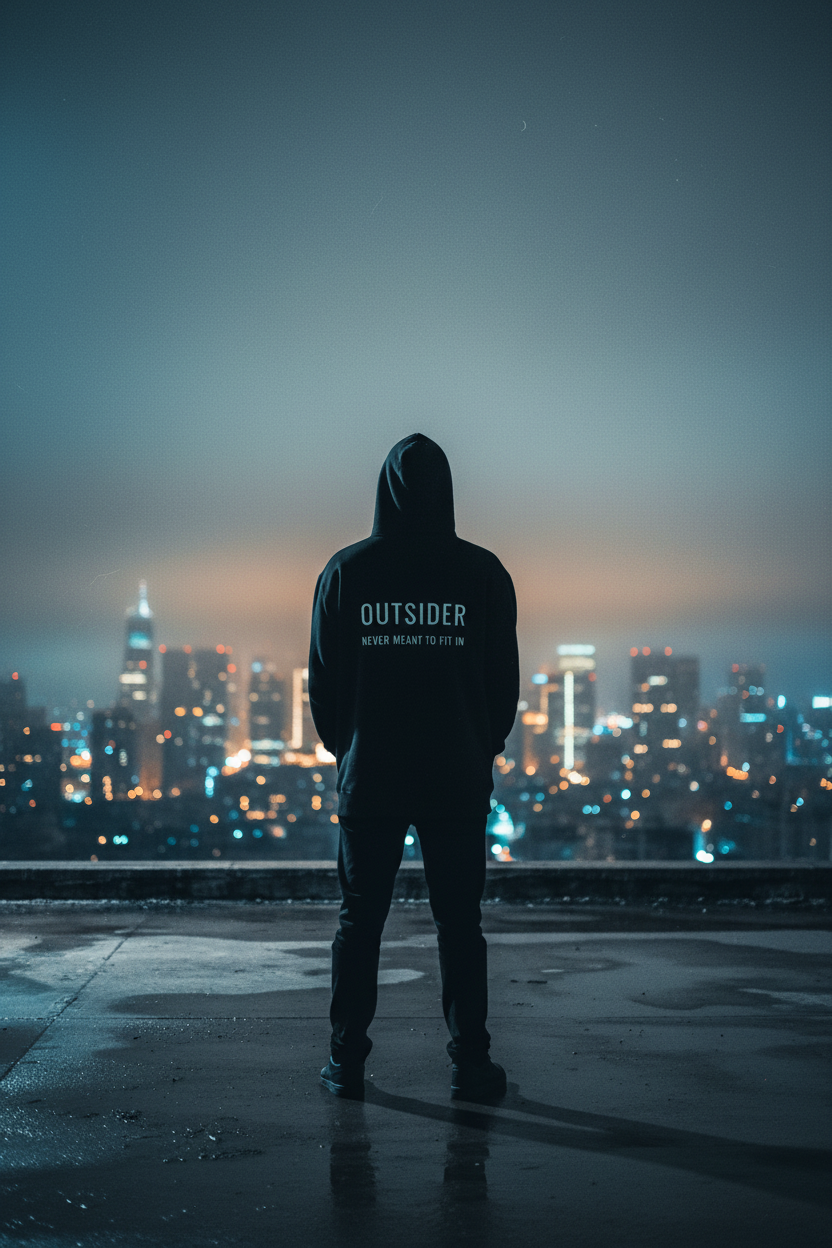 Back design of black OUTSIDER hoodie with “Never Meant To Fit In” statement print in premium streetwear style