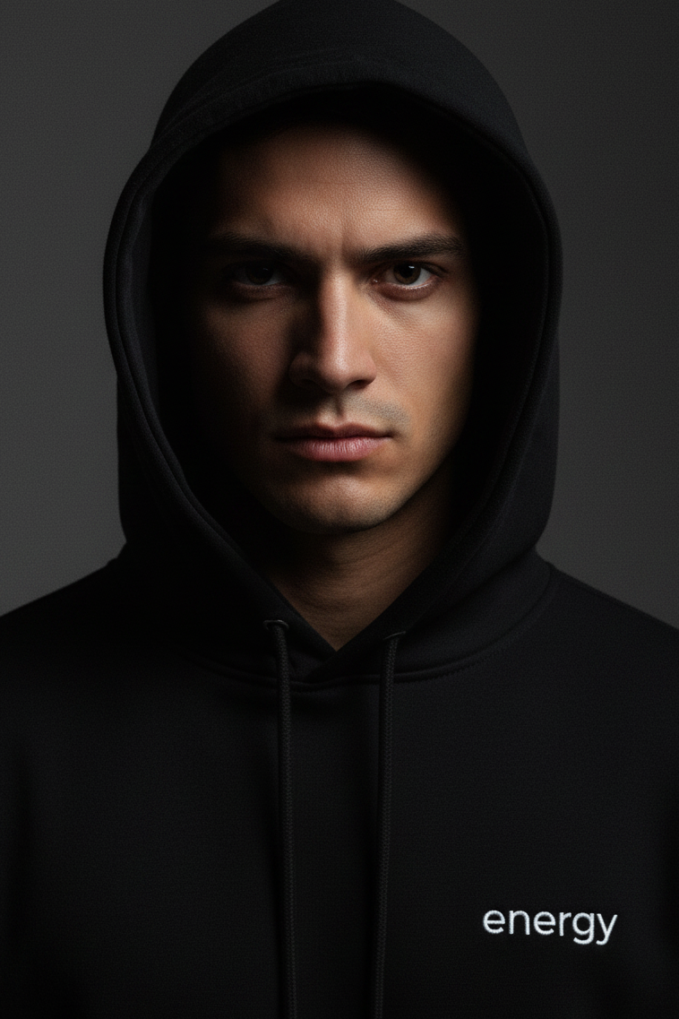 I READ ENERGY Black hoodie with text minimal design