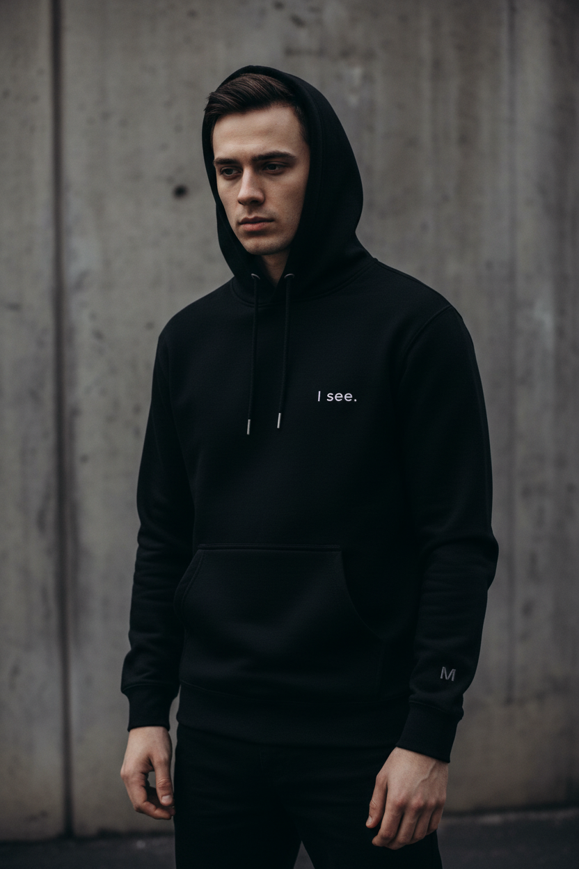 Product mockupBlack hoodie worn by model, minimal streetwear style, calm and confident mood, identity