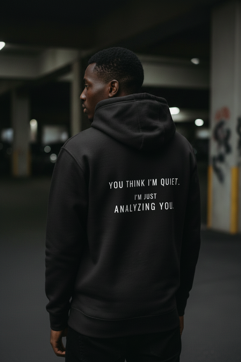 Black hoodie back view with statement text, minimal streetwear aesthetic,analysing mindset