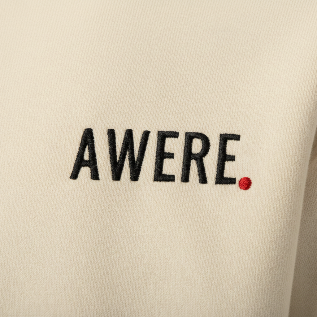 Close-up detail of black AWARE embroidery on cream hoodie fabric