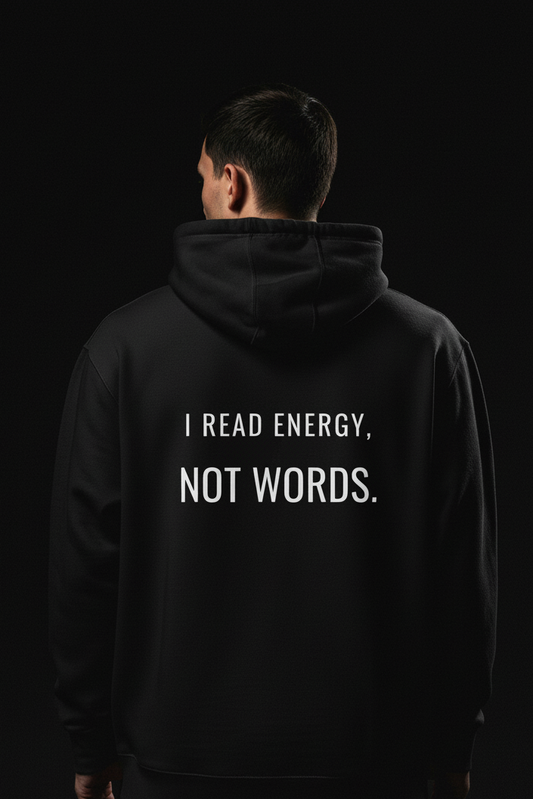 Black hoodie with "I READ ENERGY" text  design