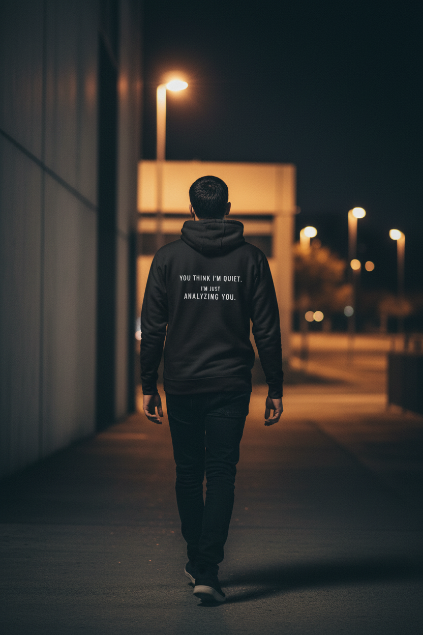 Black hoodie worn in urban environment, minimal streetwear style, independent and calm energy