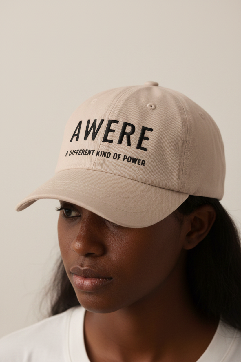 Clean front view of the AWARE. cap with minimal embroidery and neutral premium aesthetic.