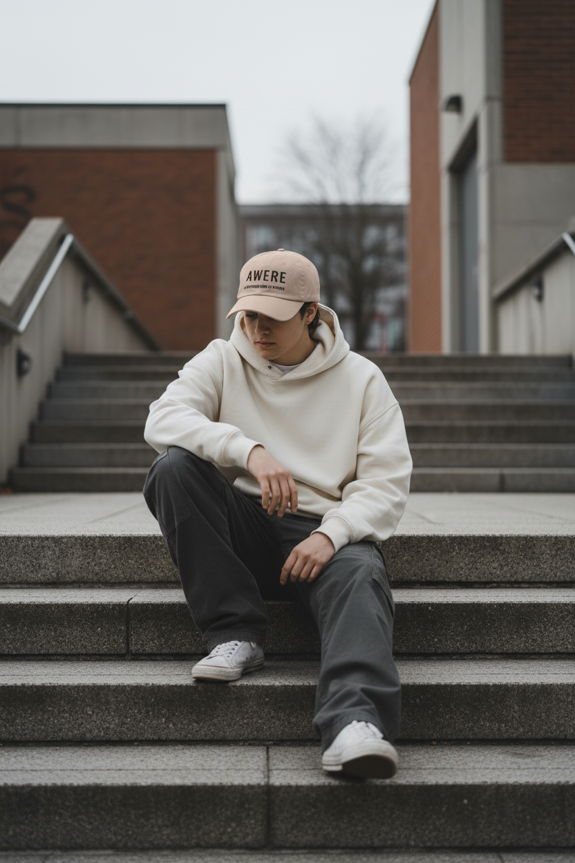 Model wearing AWARE cap in minimalist urban streetwear campaign