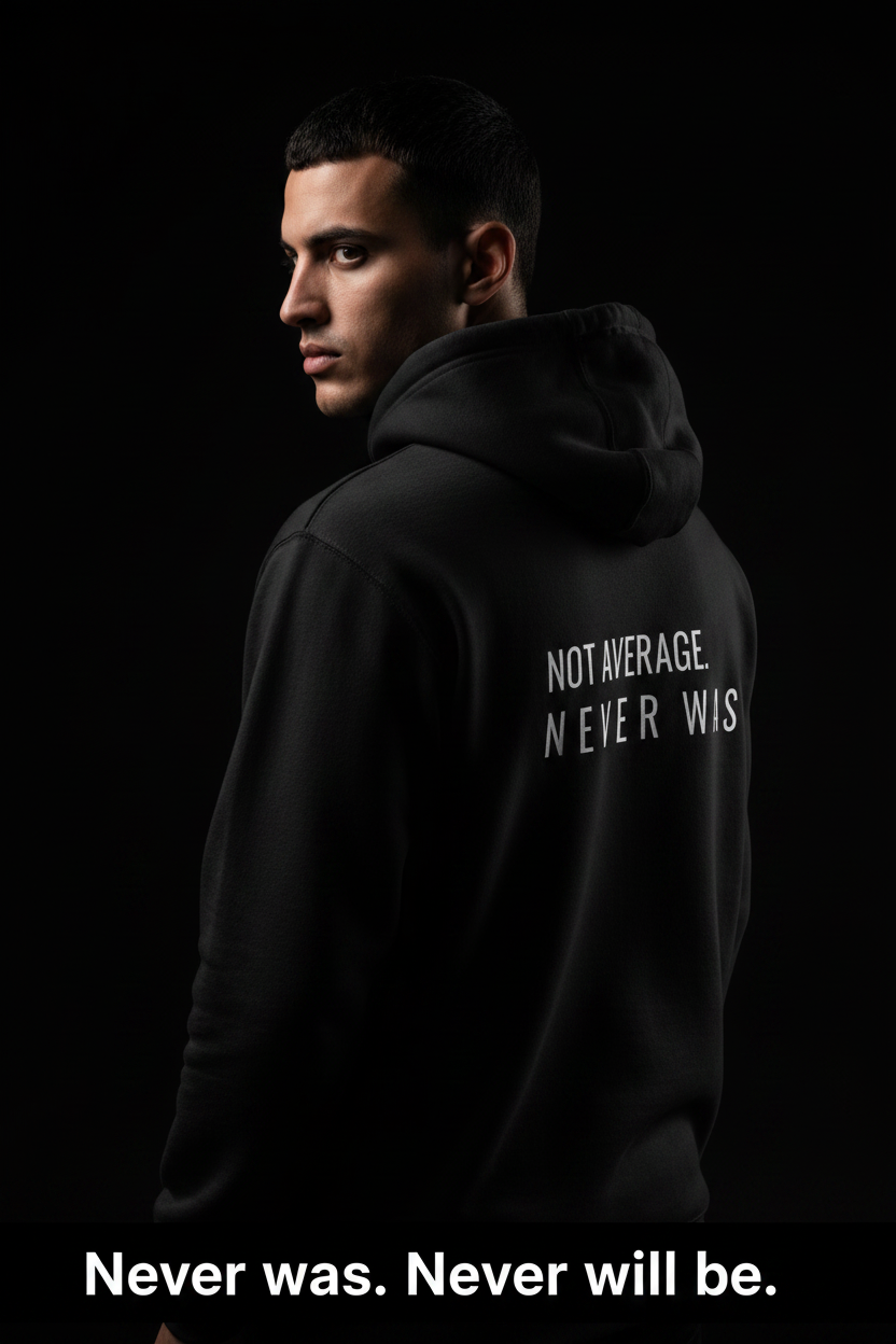 black hoodie with back print "not average never was" minimalist streetwear for outsiders and deep thinkers