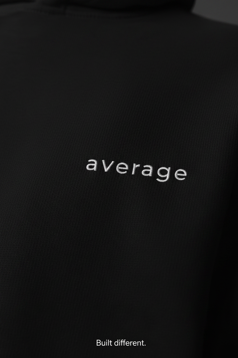 minimalist typography detail average text black hoodie premium streetwear mental state clothing