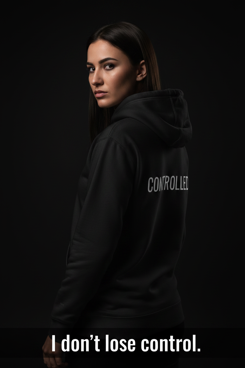 black hoodie with large back print controlled minimalist streetwear for focused minds and self control identity