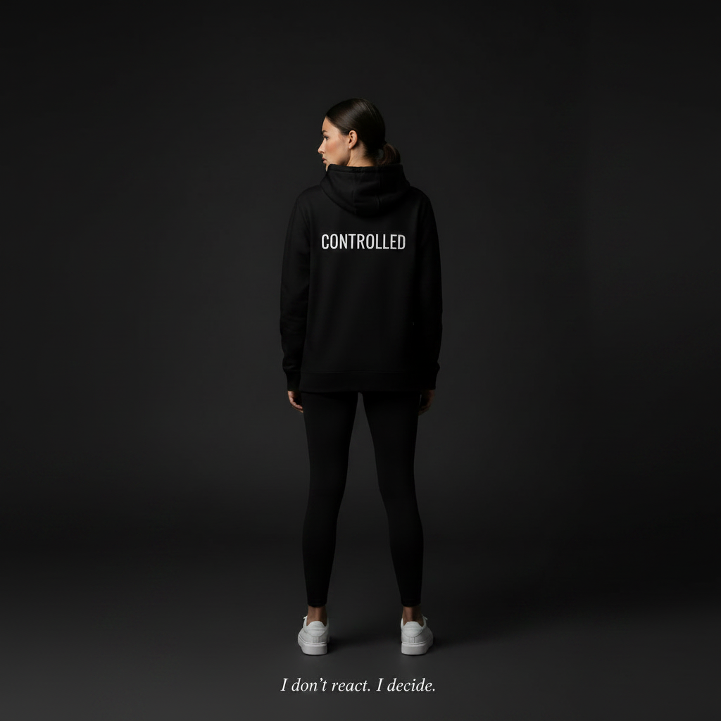 black minimalist hoodie with small chest text controlled streetwear for overthinkers and disciplined mindset