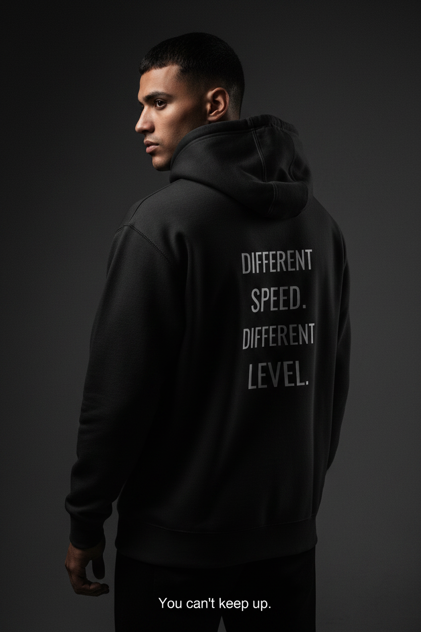 black minimalist hoodie with small chest text different streetwear for overthinkers and high awareness mindset