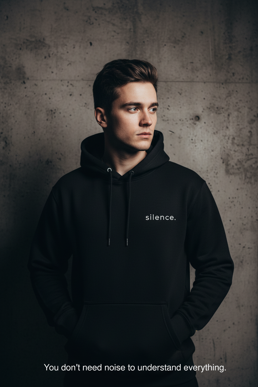 model wearing black hoodie too aware to be average modern streetwear for people who see more than others