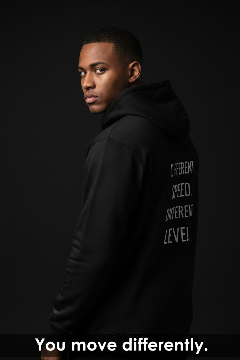 model wearing black hoodie different speed different level modern streetwear for people who think differently