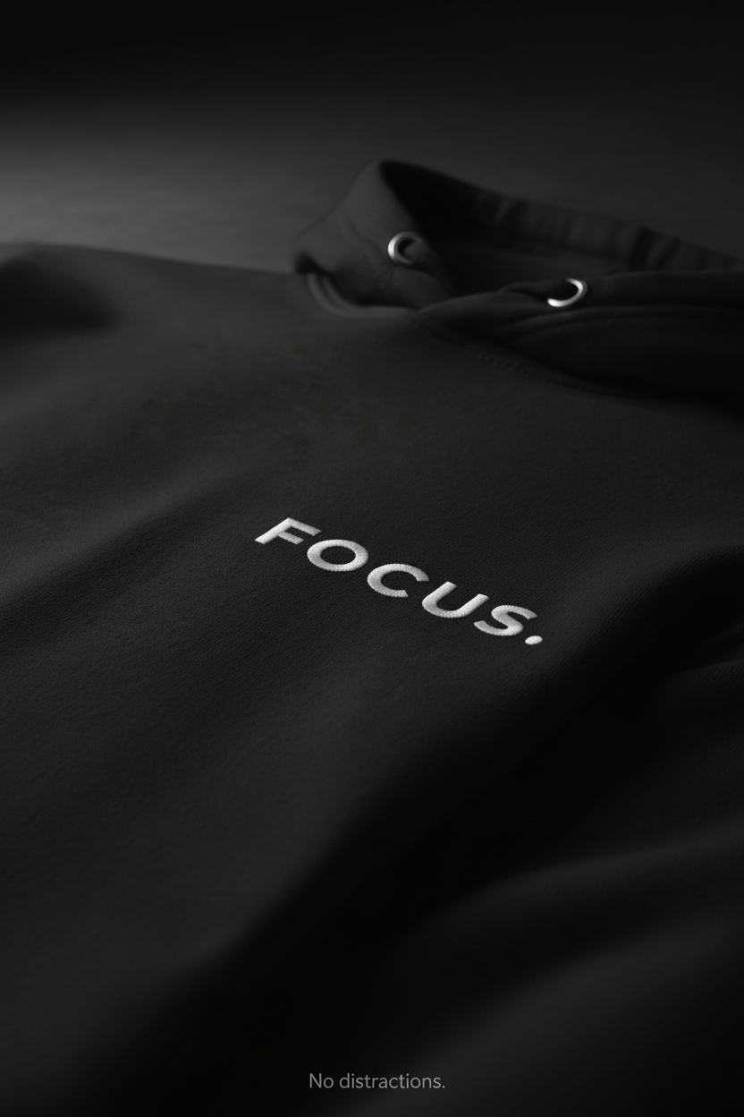 minimalist typography detail on black hoodie focus text premium mental state streetwear design