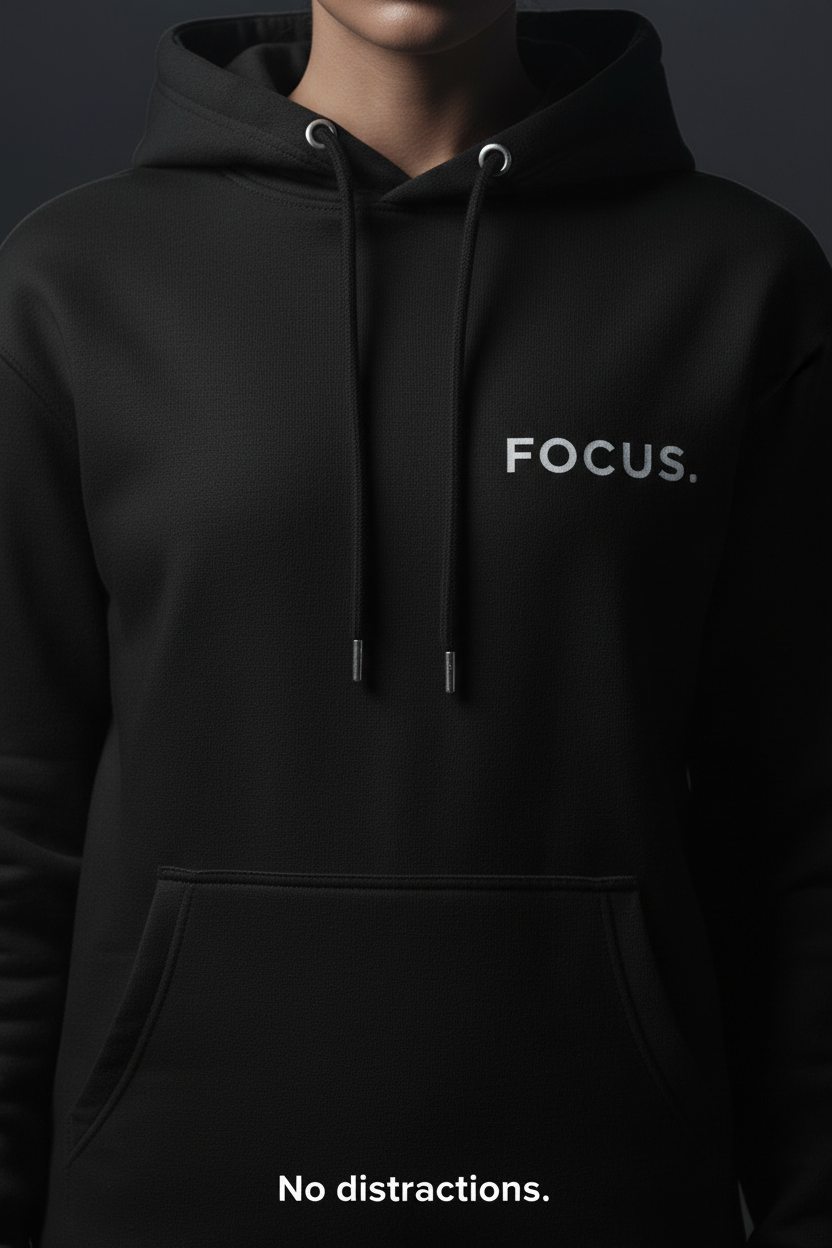 minimalist typography detail on black hoodie focus text premium mental state streetwear design