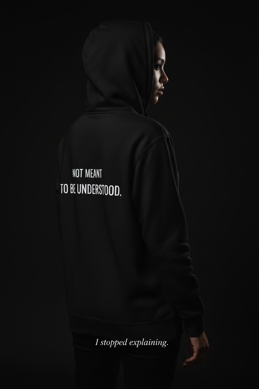 model wearing black hoodie with statement text not meant to be understood modern streetwear for introverts and deep thinkers