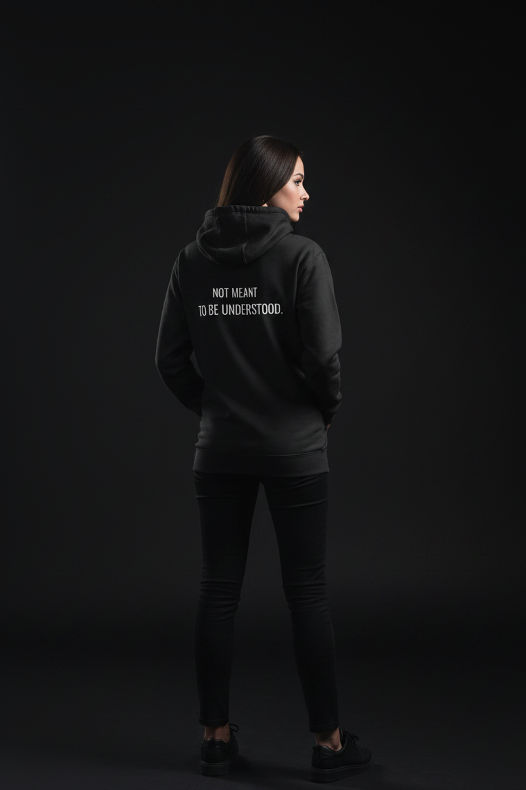 black oversized hoodie with minimal chest text "misunderstood" streetwear for overthinkers and outsiders