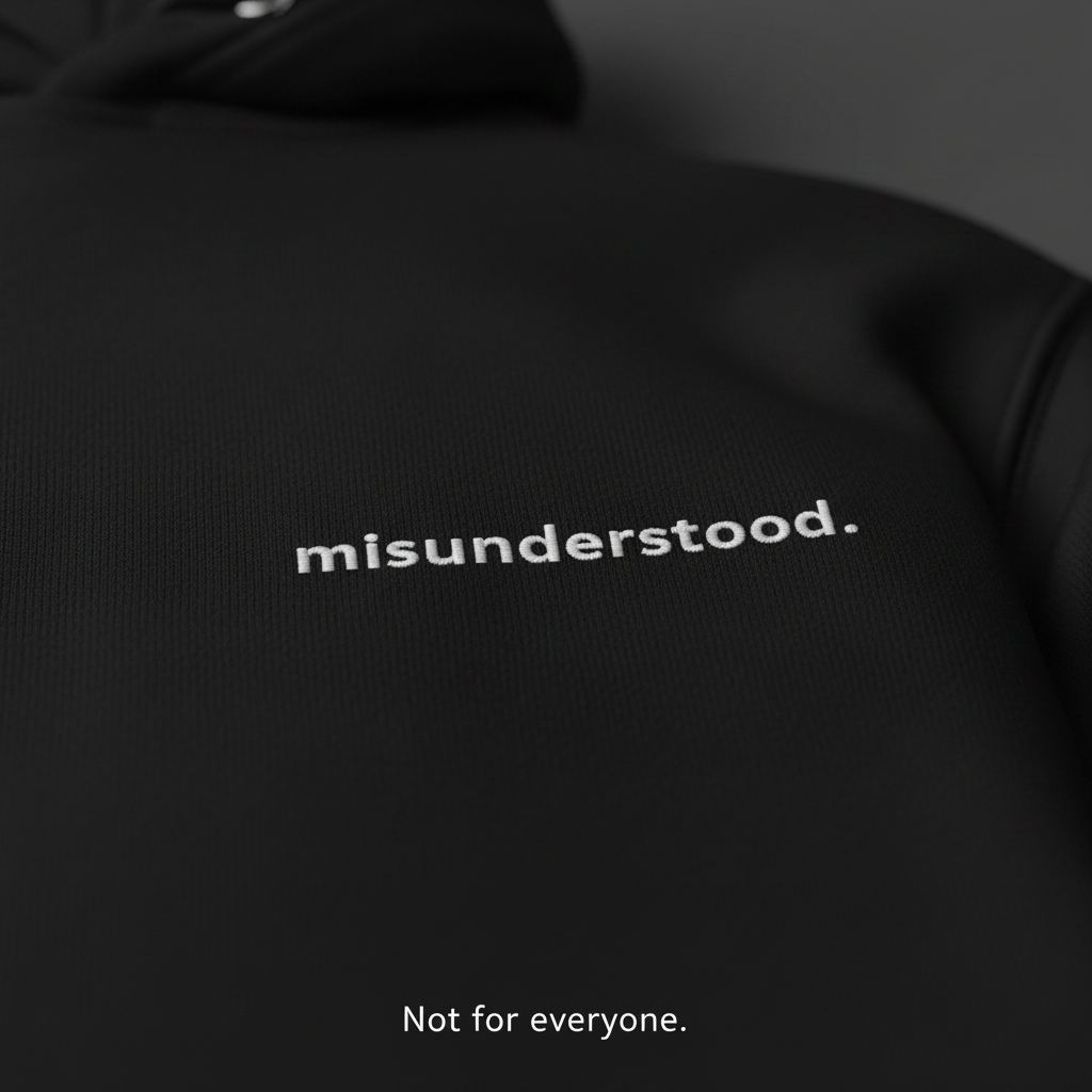 minimalist black hoodie typography detail misunderstood design premium mental state streetwear aesthetic
