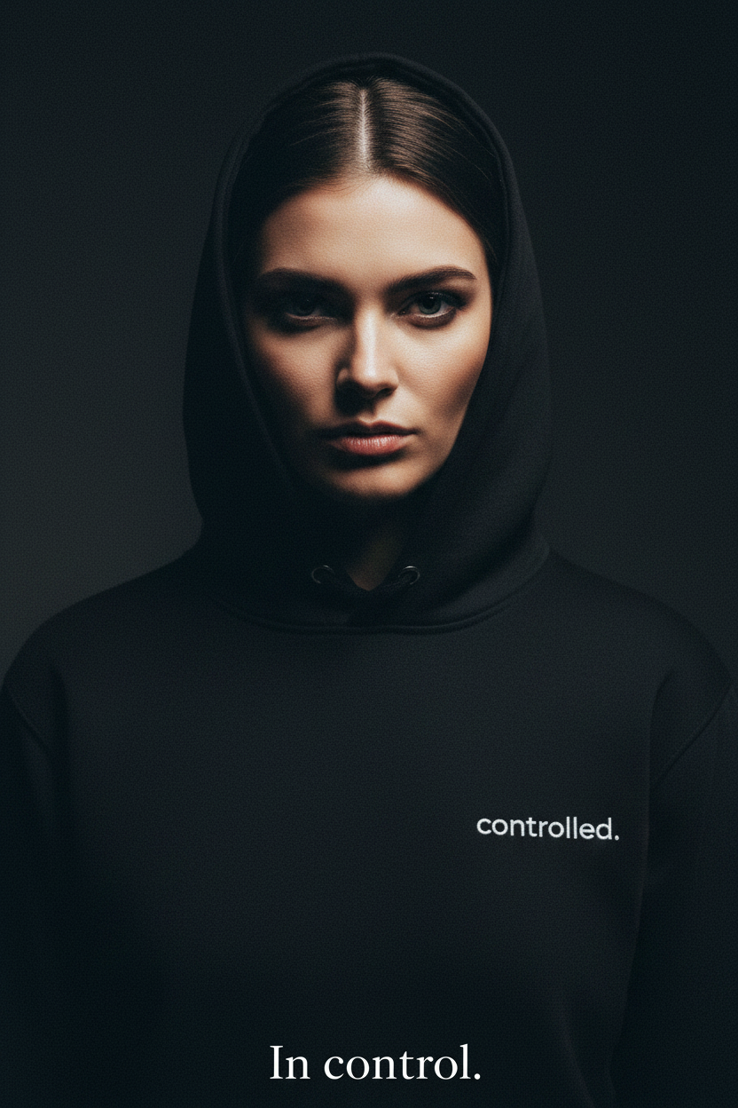 model wearing black controlled hoodie minimalist streetwear for people with strong mindset and focus