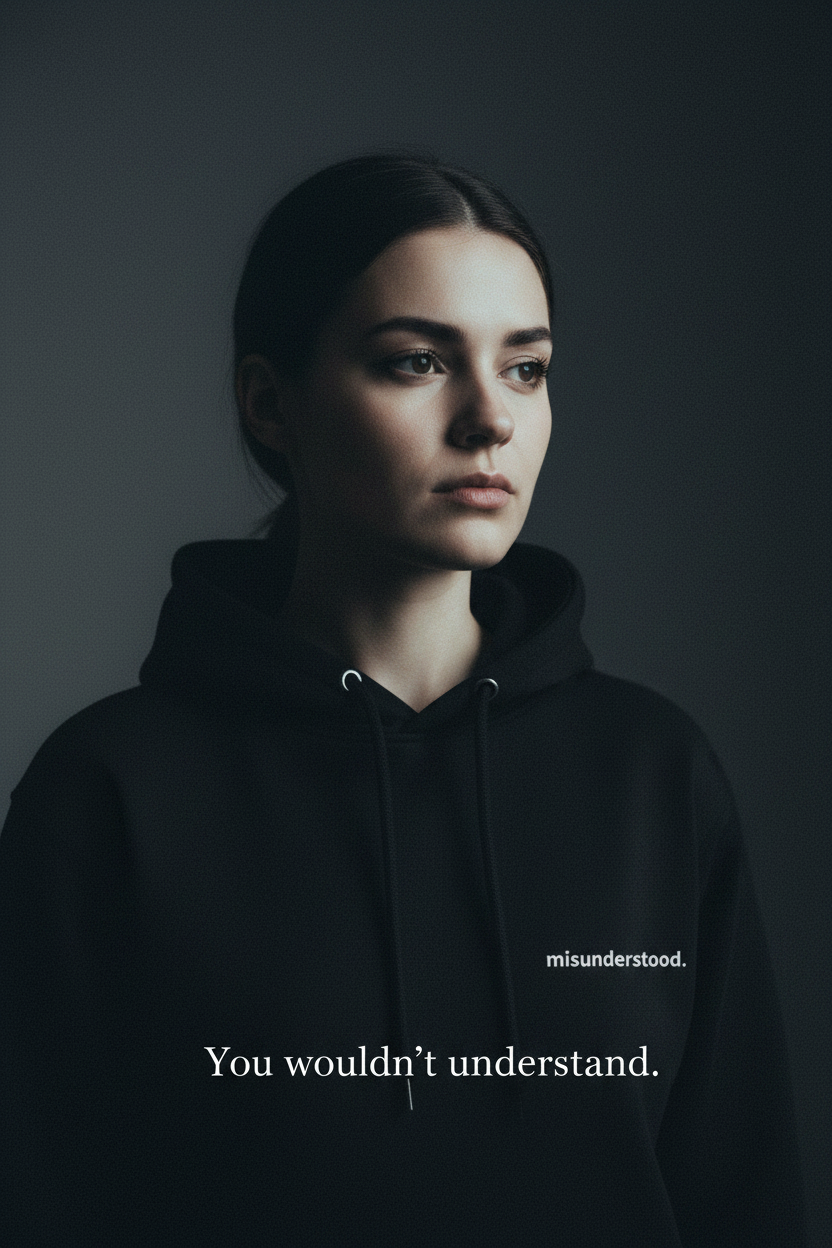 .black hoodie back print "not meant to be understood" minimalist streetwear for people who think differently and feel deeply
