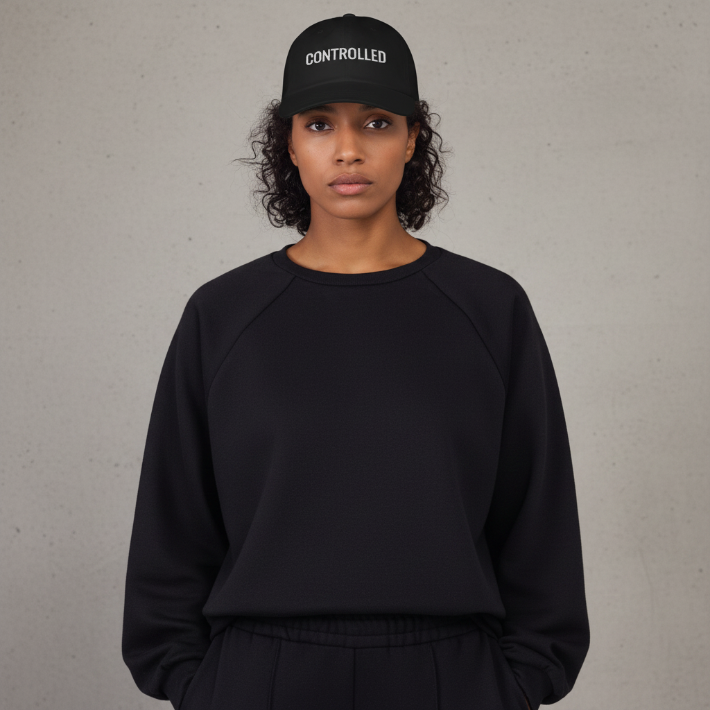 Black cap with CONTROLLED text worn by model, minimal streetwear style, calm and focused expression