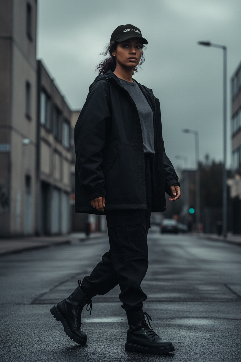 
Person wearing cap walking in urban environment.