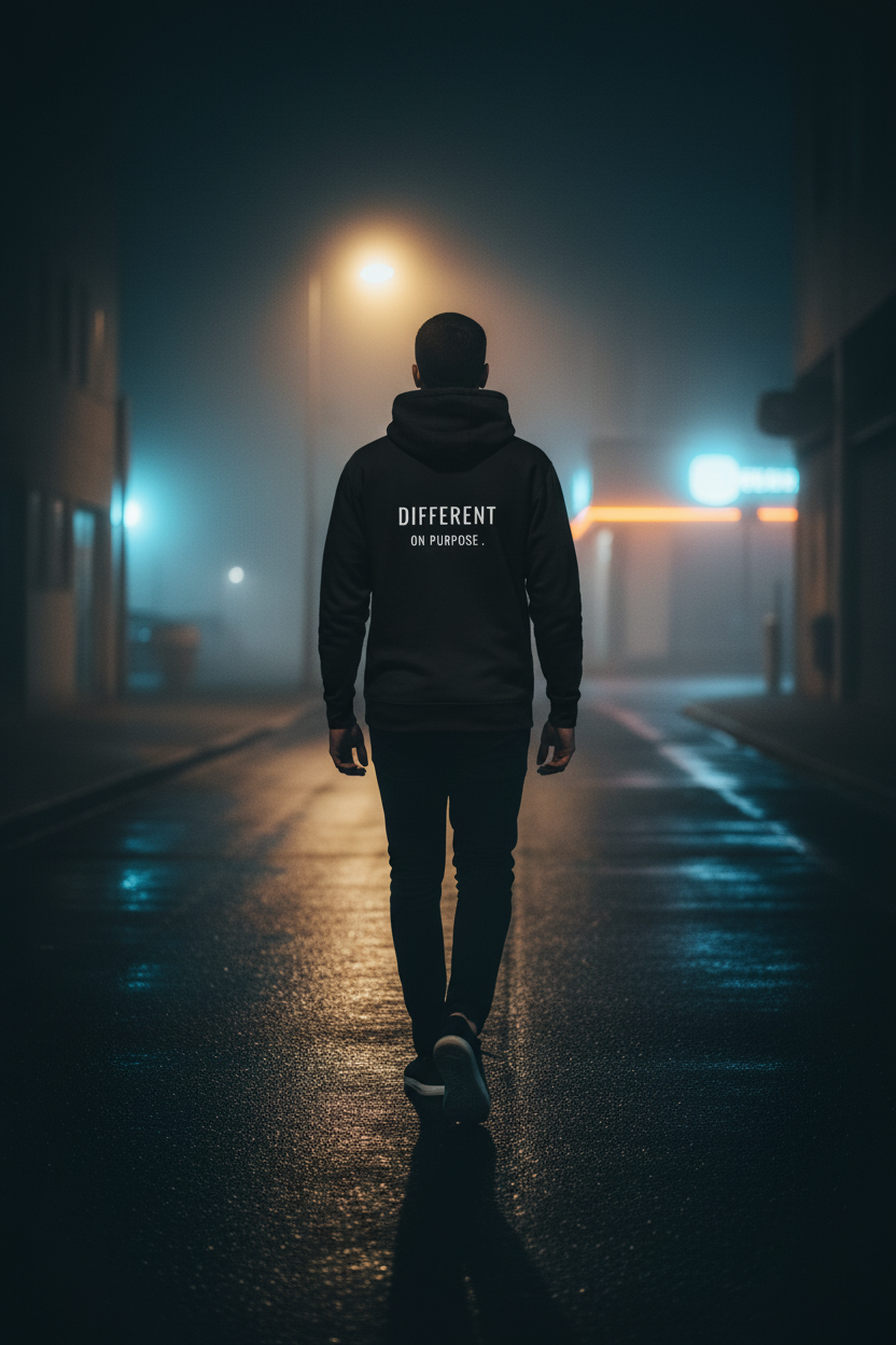 Back of black hoodie with bold "Different on Purpose" text, clean streetwear aesthetic