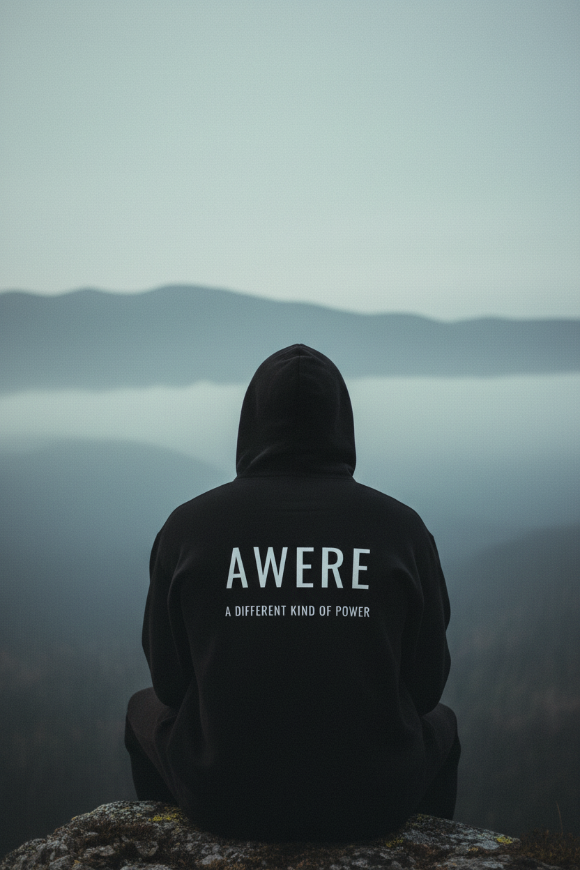 Person wearing black AWARE hoodie in cinematic luxury streetwear campaign image