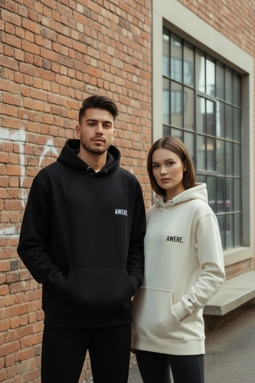 Two models wearing oversized AWARE hoodies by Mental State Wear in urban streetwear setting