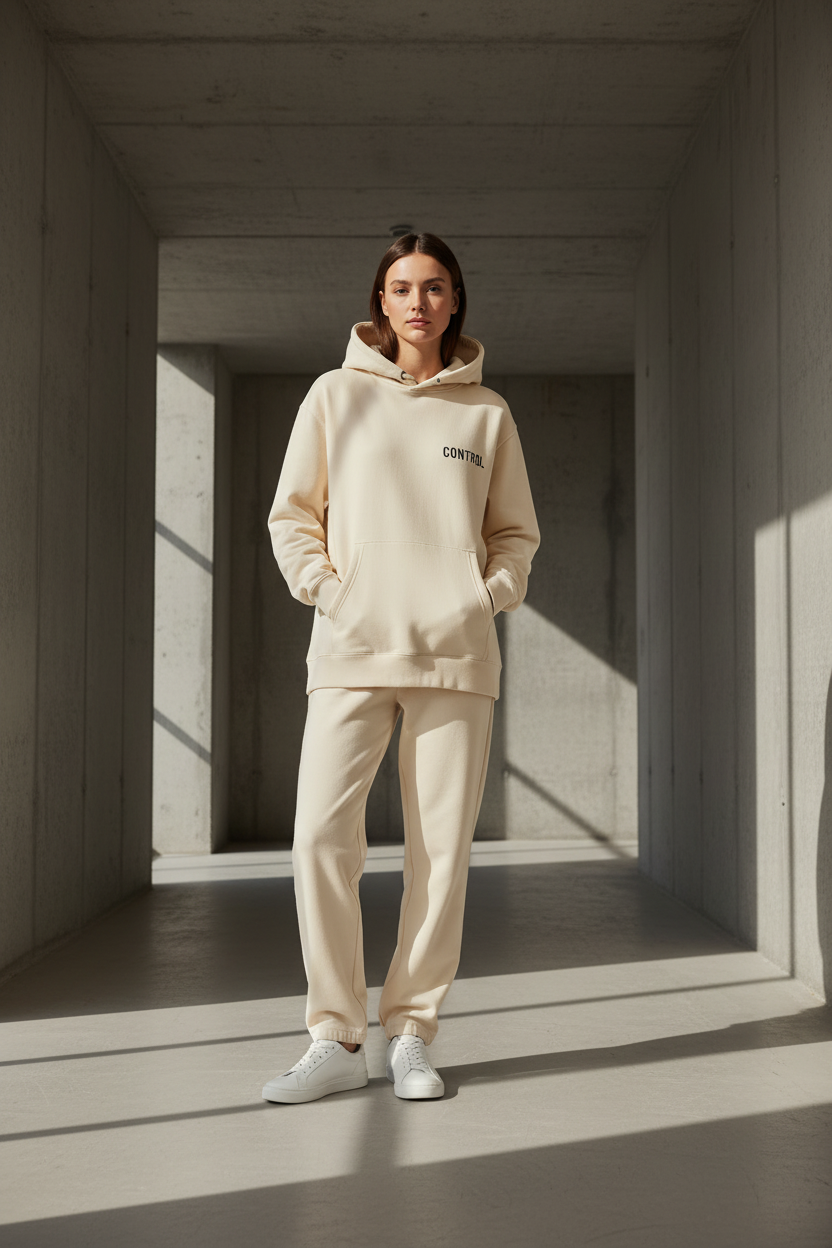 Side profile of premium cream streetwear hoodie with oversized fit
