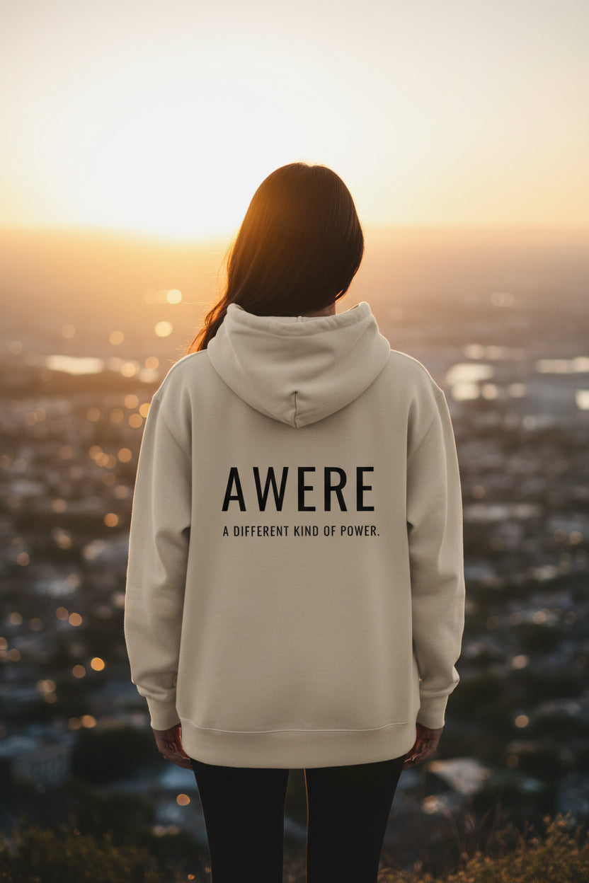Back view of oversized cream AWARE hoodie by Mental State Wear overlooking city at sunset