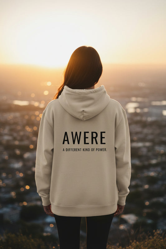 Back view of oversized cream AWARE hoodie by Mental State Wear overlooking city at sunset