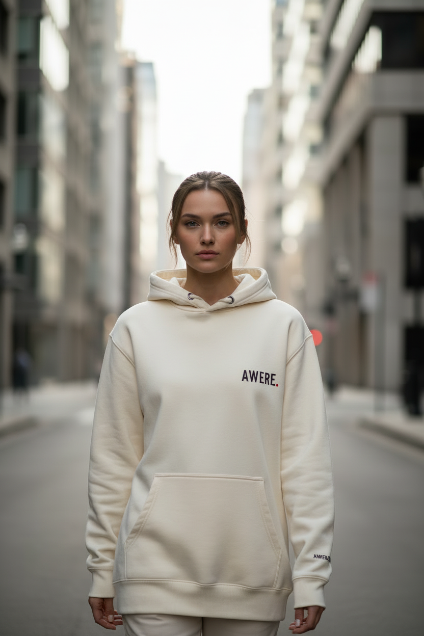 
Woman wearing oversized cream AWARE hoodie by Mental State Wear in minimal city street aesthetic