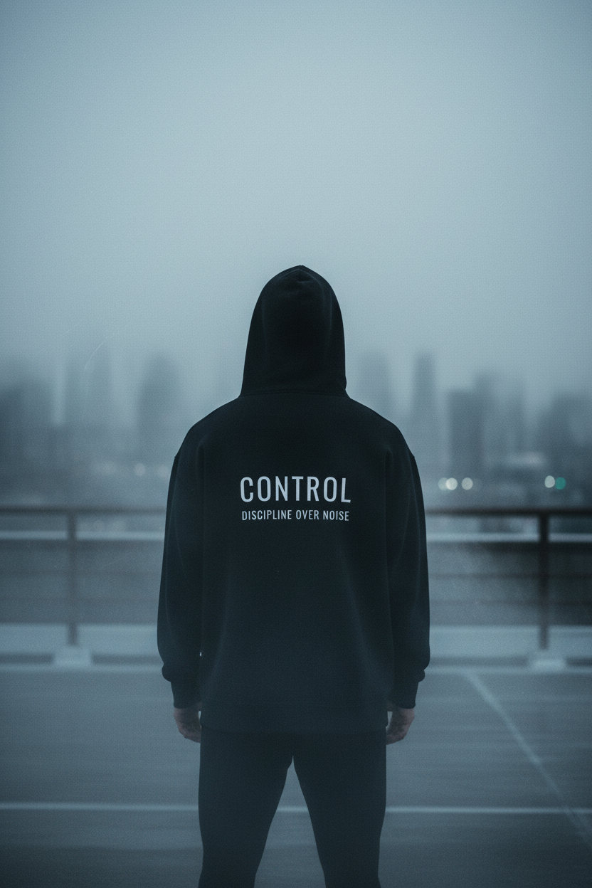 Black oversized CONTROL hoodie with Discipline Over Noise statement in cinematic night setting