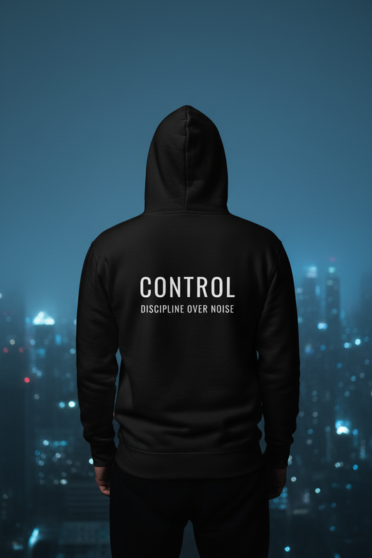 Back view of black CONTROL hoodie by Mental State Wear overlooking city at night