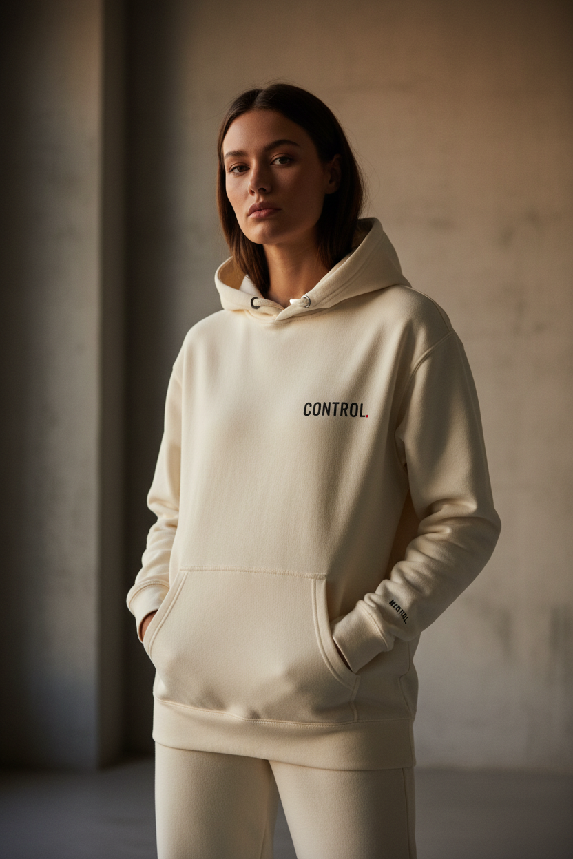 Woman wearing oversized cream CONTROL hoodie by Mental State Wear in minimal editorial aesthetic