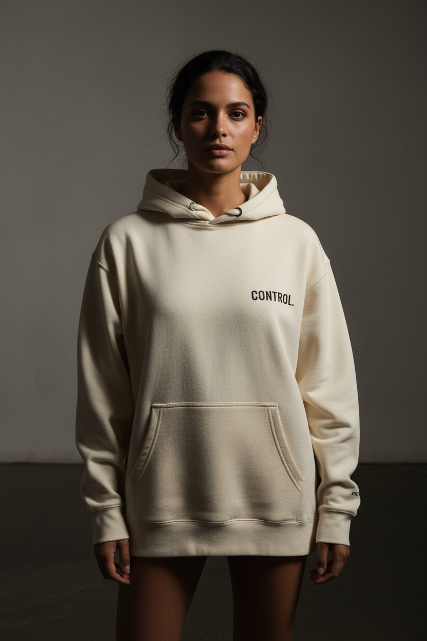 Luxury streetwear Control hoodie  styled in minimalist  fashion  campaign 