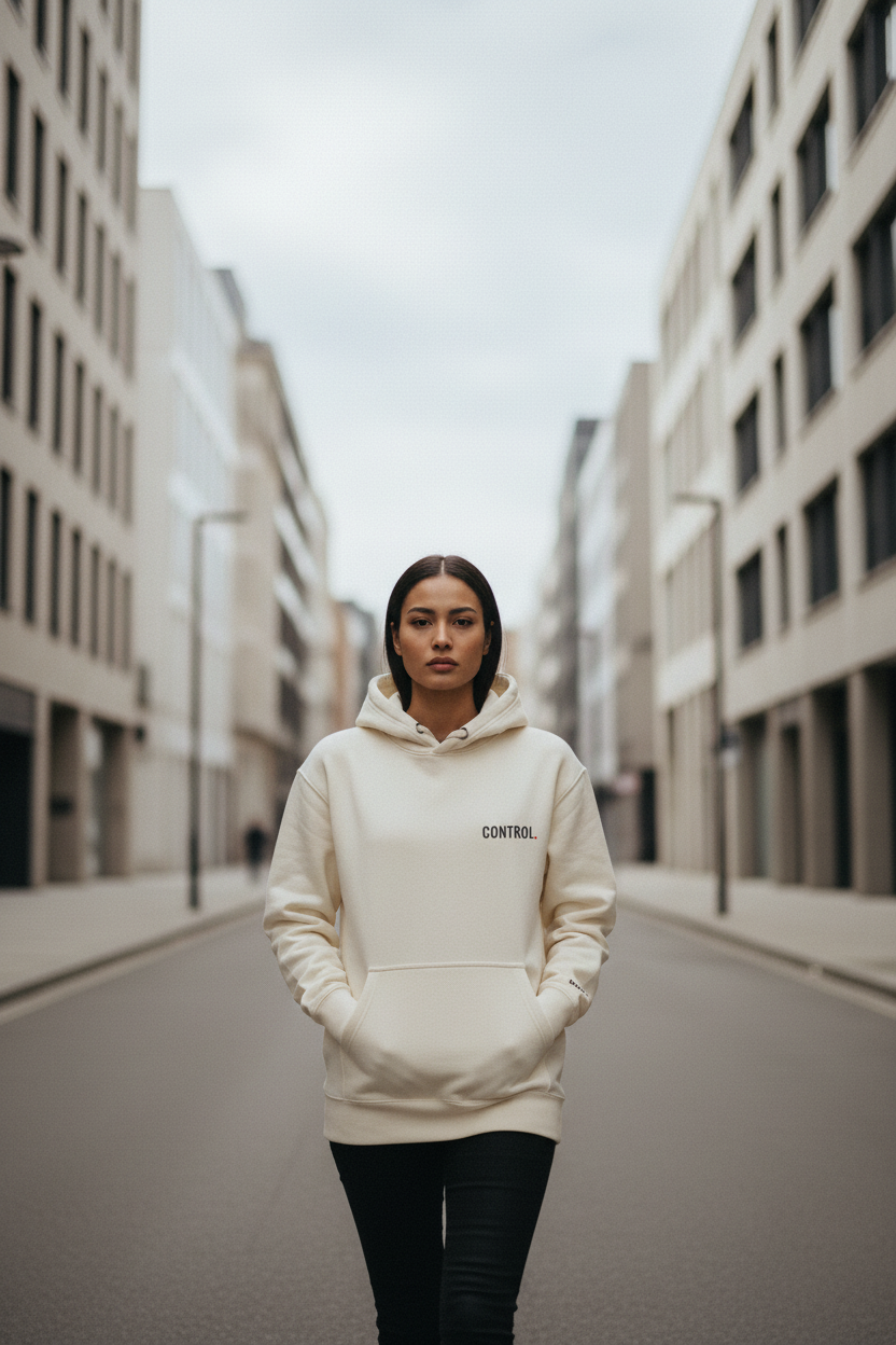 Woman wearing oversized cream CONTROL hoodie by Mental State Wear in minimal urban street aesthetic
