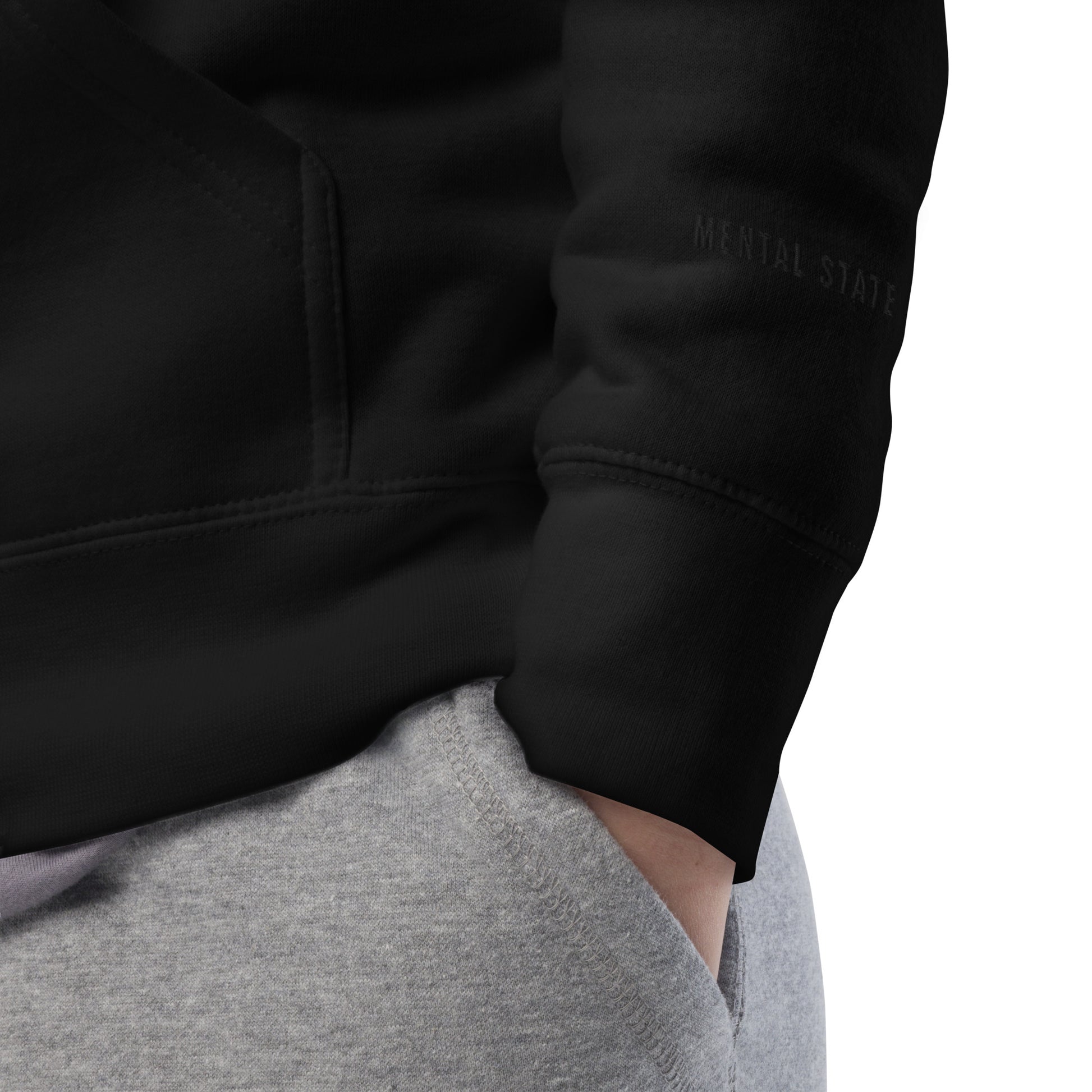 Close-up detail of premium black CONTROL hoodie showing Mental state logo heavyweight fabric texture