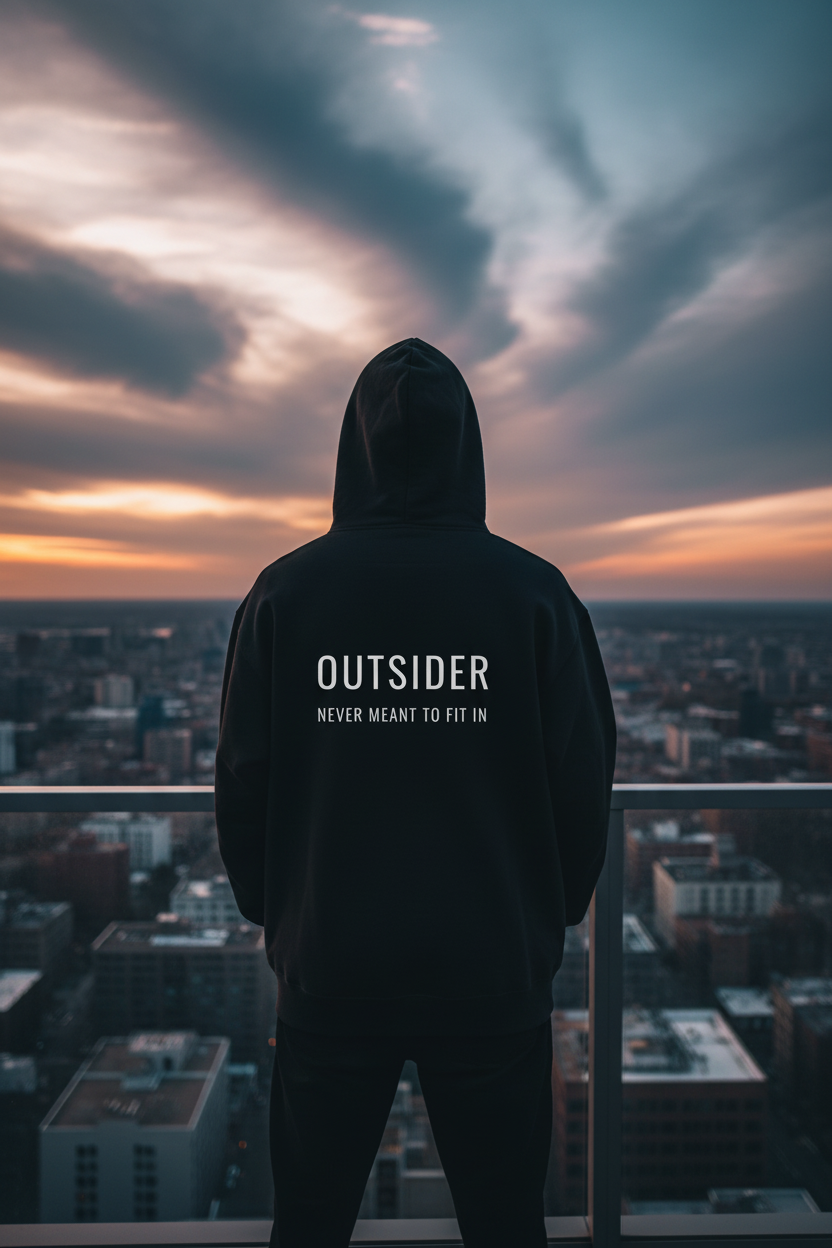 Model wearing black OUTSIDER hoodie in cinematic luxury streetwear editorial scene