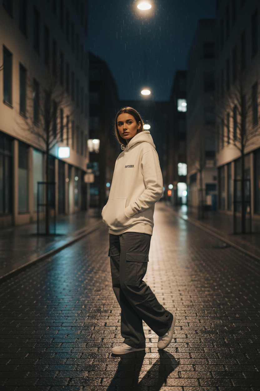 
Woman walking alone at night wearing oversized OUTSIDER hoodie by Mental State Wear