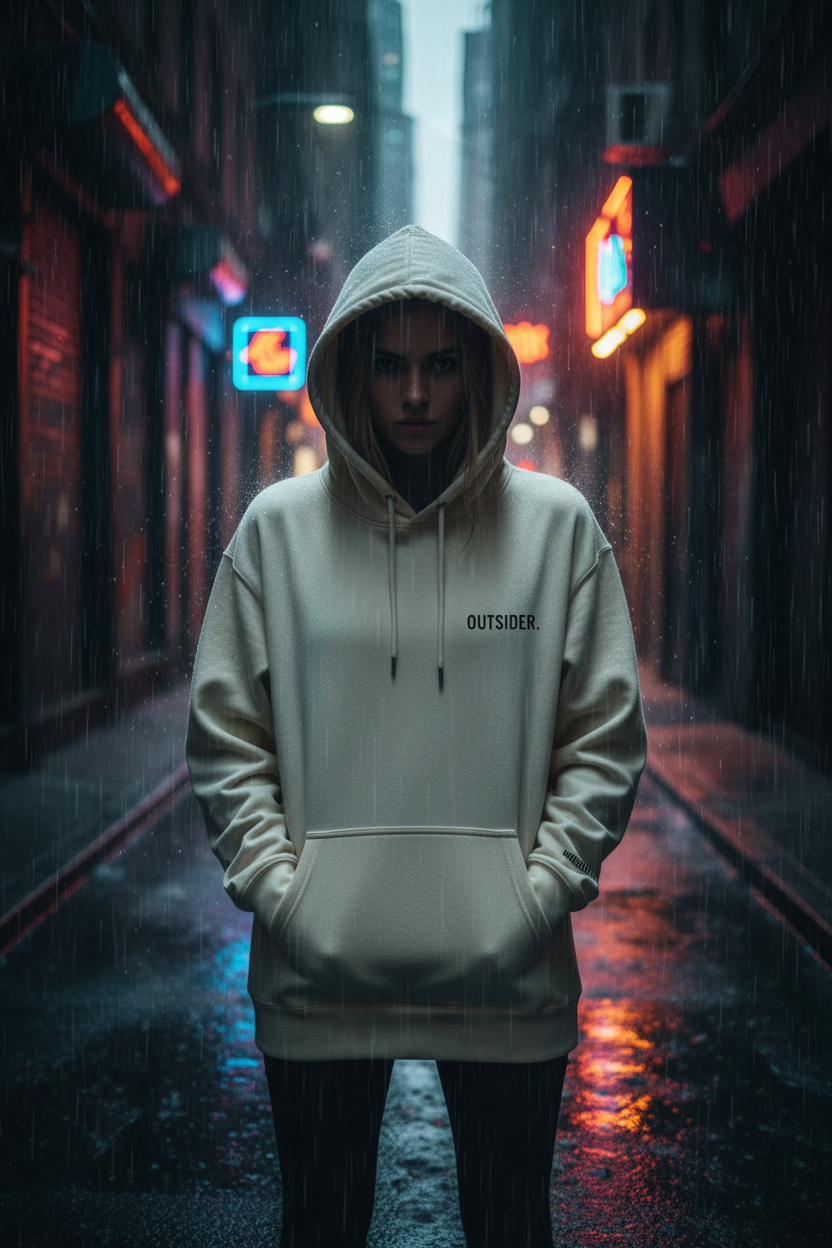 Oversized cream OUTSIDER hoodie in mysterious cinematic streetwear setting