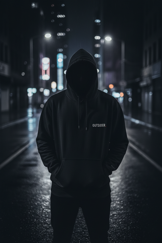 Black oversized premium hoodie with minimal OUTSIDER logo on front chest from Mental State streetwear collection