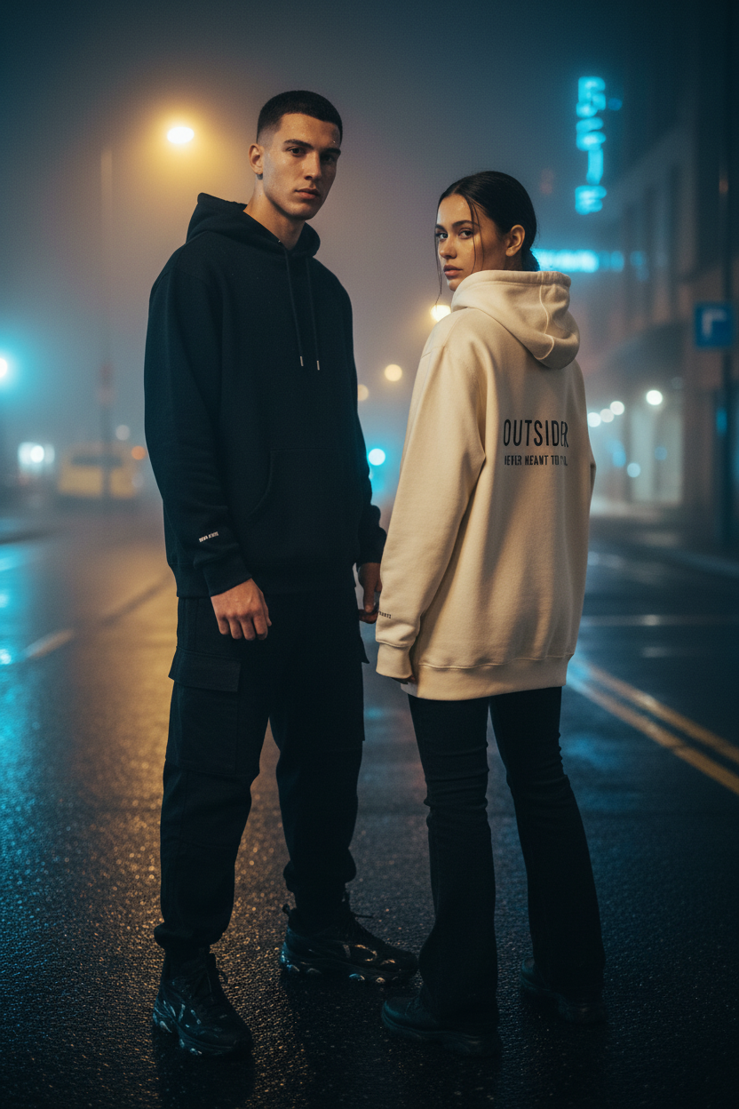 Cinematic night campaign featuring oversized OUTSIDER hoodies by Mental State Wear