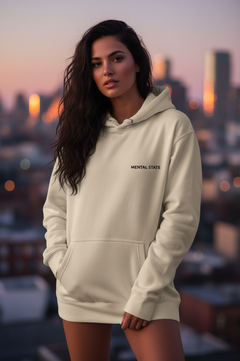 Mental State oversized beige hoodie front view with minimalist chest logo, premium unisex streetwear hoodie, clean luxury aesthetic.