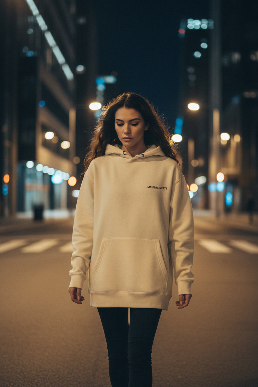Female model wearing Mental State oversized beige hoodie, minimalist luxury streetwear aesthetic, front view, cinematic urban night background.