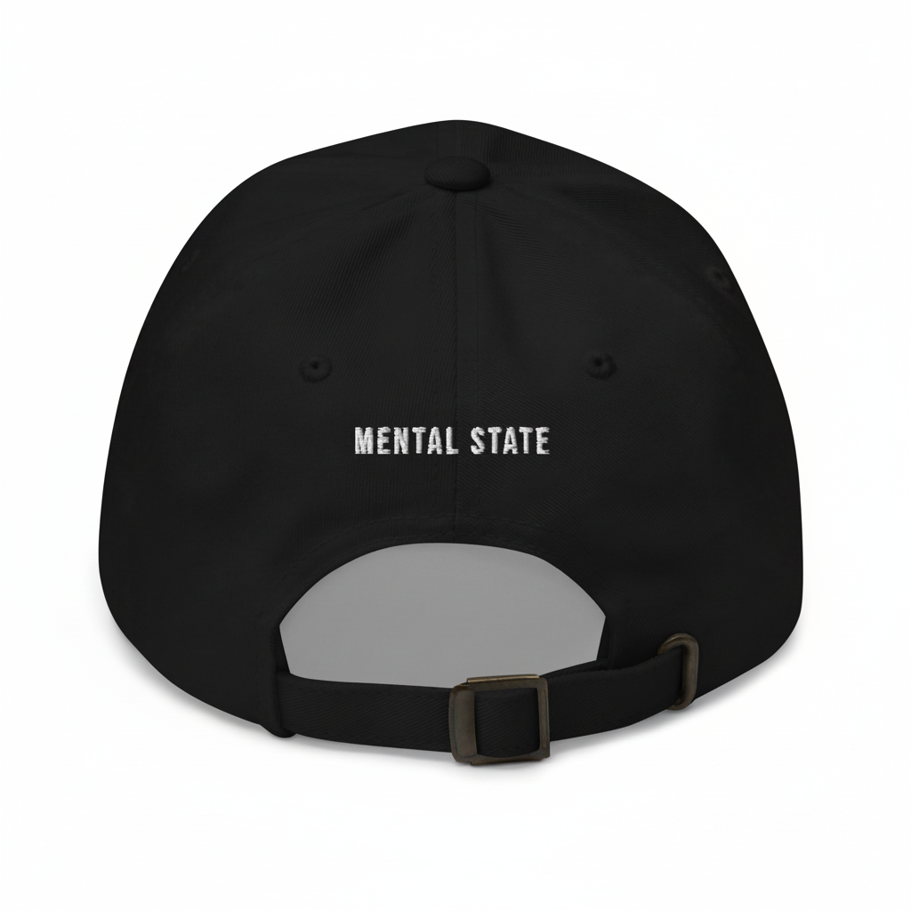 Back view of black cap with MENTAL STATE text and adjustable strap