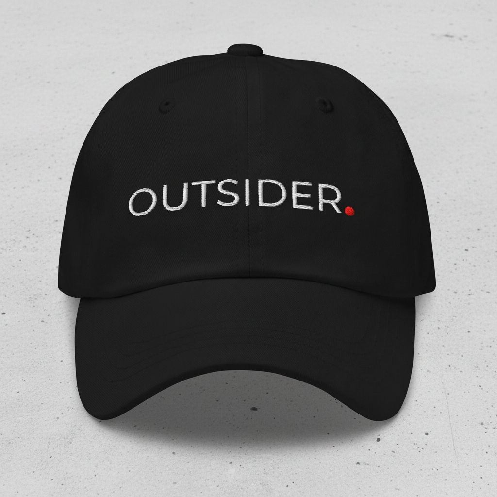 Minimal black cap with OUTSIDER and red dot front view