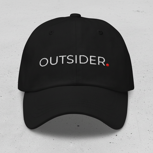 Minimal black cap with OUTSIDER and red dot front view