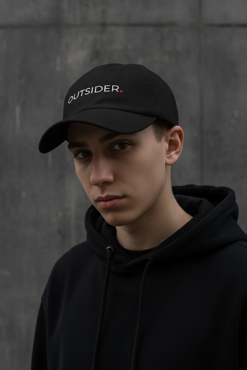 Person wearing black OUTSIDER cap with red dot minimal streetwear look